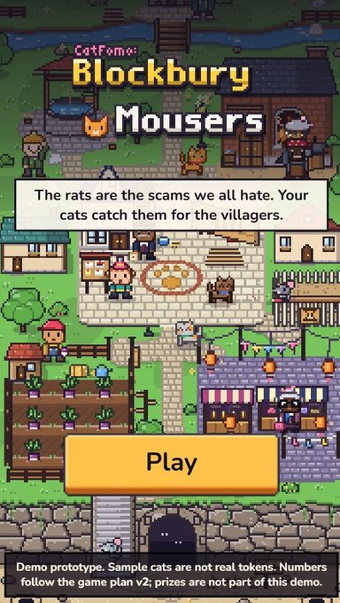 A pixel art game titled "CatFomo: Blockbury Mousers" displays a "Play" button with text stating "The rats are the scams we all hate. Your cats catch them for the villagers." A disclaimer notes it's a demo prototype with sample cats, promoting the CatFomo pixel cat NFT project as a community-first venture with free minting and airdrops.