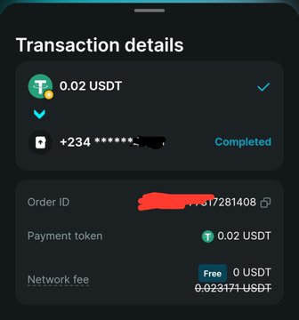 A mobile app transaction details screen showing a completed transaction of 0.02 USDT, with some personal information redacted.