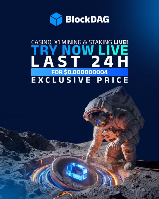 The image is a BlockDAG promotional graphic featuring an astronaut on a lunar surface touching a glowing blue cube, overlaid with the text "CASINO, X1 MINING & STAKING LIVE! TRY NOW LIVE LAST 24H FOR $0.000000004 EXCLUSIVE PRICE," highlighting the limited-time token offer that aligns with the post's announcement of X1 mining and staking upgrades.