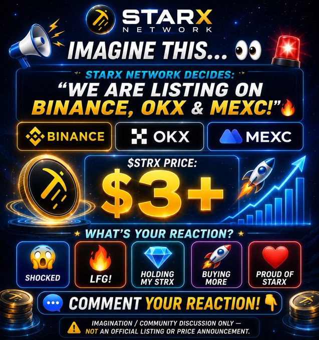 A bold StarX Network graphic asks followers to "Imagine This…" a hypothetical triple listing on Binance, OKX, and MEXC with the $STRX token priced at $3+, prompting users to react with emojis like "Shocked," "LFG!," "Holding," or "Buying More," while a disclaimer clarifies it's community imagination, not an official announcement.