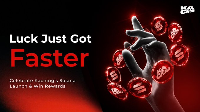 The image features a poster for a game called "Kaching" that has been launched on Solana, with the text "LUCK JUST GOT FASTER". The poster also includes a hand holding up six red circles, which are the game's symbols. The background of the poster is black and white, creating a striking contrast between the red circles and the monochrome backdrop. The image suggests that the game has been launched on Solana, and it encourages people to join by following the link provided in the caption.
