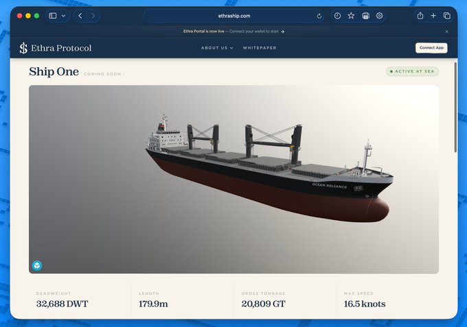 A web browser displays the 'Ethra Protocol' website showing 'Ship One' (named 'OCEAN RELIANCE'), a cargo vessel, with specs: 32,688 DWT, 179.9m length, 20,809 GT, 16.5 knots max speed, marked 'ACTIVE AT SEA'.