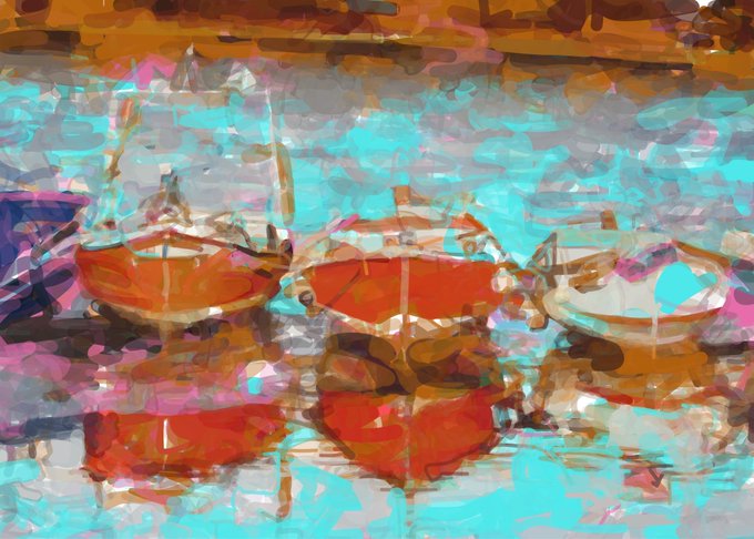 An abstract painting depicting boats with red hulls floating on turquoise water, featuring thick, expressive brushstrokes throughout.