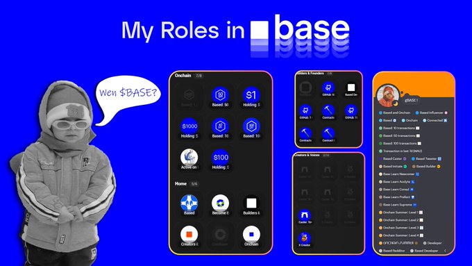 Collage titled 'My Roles in base' showing a child in a puffer jacket saying 'wen $BASE?' alongside Discord role menus and mobile interface screenshots for various channels including Gamba, Onchain Summer, and Base Builds.