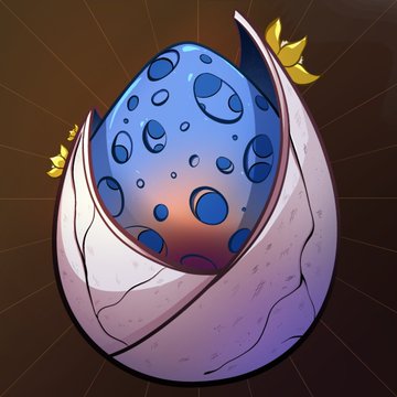 An illustration of a blue, cratered egg hatching from a pinkish shell with small golden crown-like elements on top.