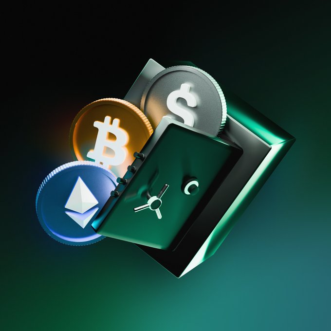 A 3D render of a black vault/safe with a glowing green outline, opened to reveal large coins representing Bitcoin (BTC), a dollar sign ($), and Ethereum (ETH).