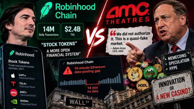 A graphic comparing Robinhood Chain stock tokens versus AMC Theatres, featuring Vlad Tenev and Adam Aron, with text 'A MORE OPEN FINANCIAL SYSTEM' and a quote from Adam Aron calling it 'a quasi-fake market'.