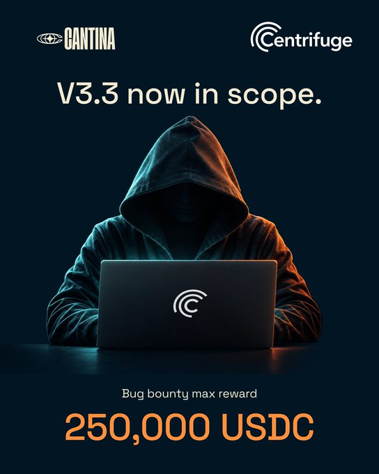 Promotional graphic for Centrifuge featuring a hooded figure using a laptop, announcing "V3.3 now in scope" with a "Bug bounty max reward" of "250,000 USDC."