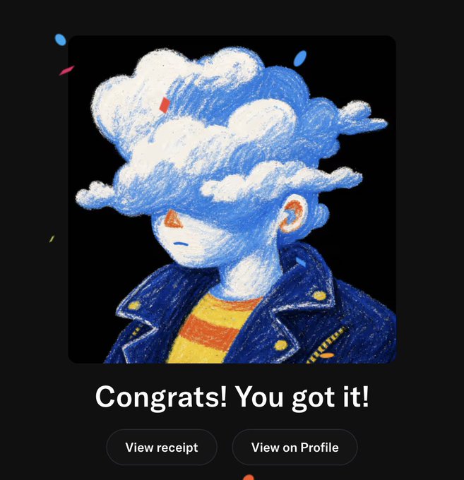 A digital illustration of a figure with a large blue cloud for a head, wearing a denim jacket over a yellow and orange shirt, with text reading 'Congrats! You got it!' and buttons for 'View receipt' and 'View on Profile' below.