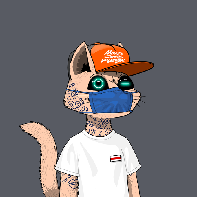 A cartoon illustration of an anthropomorphic cat wearing an orange 'Mars Cat's Voyage' cap, blue mask, and white t-shirt with tattoos.