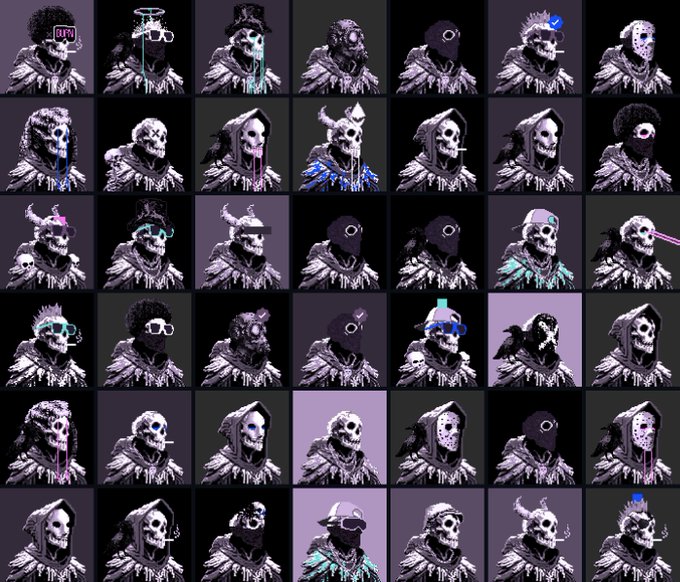 A grid of pixel art skeleton character avatars with various accessories like hats, glasses, and hoods in dark purple tones.
