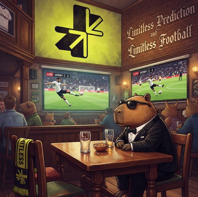 An illustrated scene of a bear in a tuxedo and sunglasses sitting alone at a table in a pub, watching a 'DERBY 2-2' football match on multiple screens under a banner reading 'Limitless Prediction and Limitless Football'.