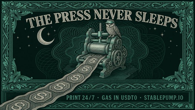A vintage-style green currency-style poster declares 'THE PRESS NEVER SLEEPS' featuring an owl on a printing press producing a stream of dollar sign bills, with text reading 'PRINT 24/7 • GAS IN USDTO • STABLEPUMP.IO'.