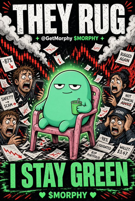 A cartoon-style meme poster titled 'THEY RUG' and 'I STAY GREEN' featuring '@GetMorphy $MORPHY'. A smug green blob sits calmly on a chair holding a cup, surrounded by panicked figures losing money, with labels like '-87%', 'SAFE??? SCAM', 'RUGGED AGAIN', 'NOT FINANCIAL ADVICE', '-98% LIQUIDATED', and 'WALLET: $3.47'.