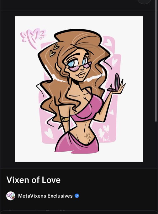 A digital art piece titled "Vixen of Love" by MetaVixens Exclusives, depicting a stylized cartoon woman with long brown hair, sunglasses, and a pink off-shoulder top surrounded by pink hearts.