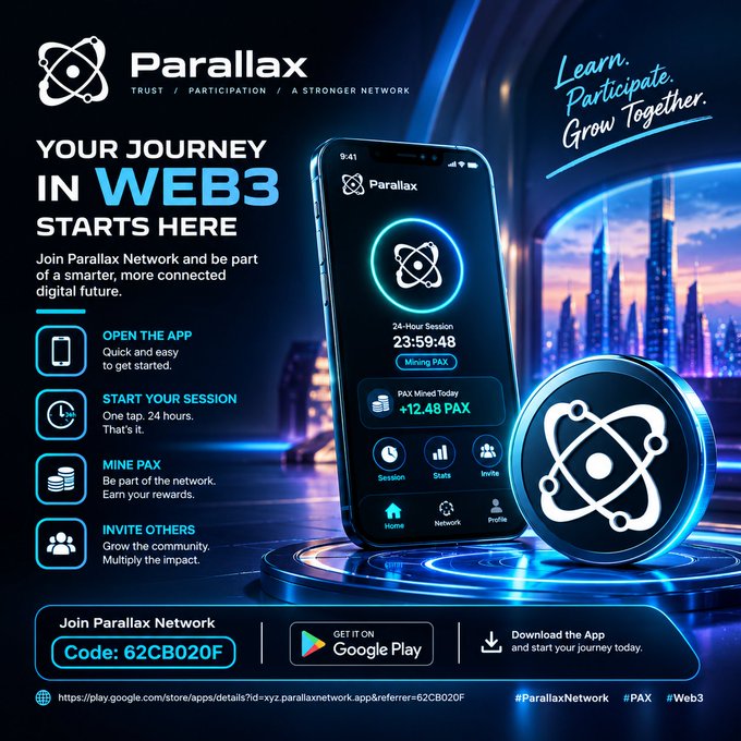 Promotional graphic for Parallax Network advertising a mobile app for Web3 participation, showing a phone screen with 'Mining PAX' interface and an invite code '62CB020F'.