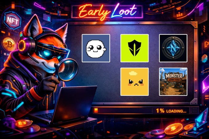A vibrant neon cyberpunk-style digital illustration featuring a fox wearing headphones and sunglasses working on a laptop, with a screen titled 'Early Loot' displaying various NFT icons and a '1% LOADING...' bar.