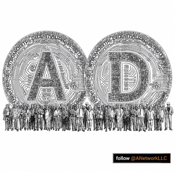 The image depicts a detailed pen-and-ink illustration of two massive coin-like structures featuring the letters "A" and "D," with a large group of people standing in front of them, symbolizing the community behind the project. The accompanying text suggests "A" represents the foundational network, while "D" represents a new, unreleased chapter or expansion, with the visible "follow @ANetworkLLC" hinting at the brand's social media handle.