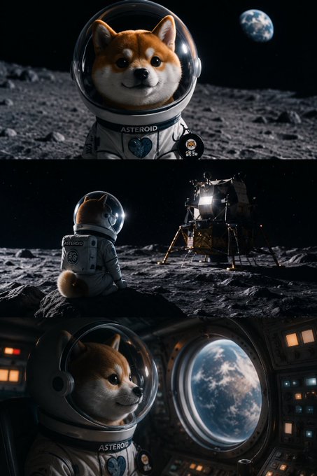 A three-panel digital illustration of a Shiba Inu dog wearing an astronaut suit labeled 'ASTEROID', depicted on a lunar surface with Earth visible and a lunar lander in the background.