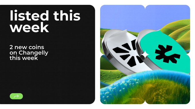 The image features a poster with two coins, one silver and one green, placed on top of each other. The text below the coins reads "Listed this week" and "2 new coins on Changelly this week".
