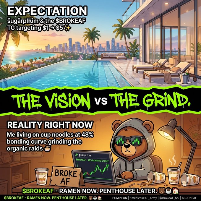 A meme-style graphic split into two parts: the top labeled 'EXPECTATION' shows a luxurious penthouse with a pool overlooking a city, and the bottom labeled 'THE VISION VS THE GRIND REALITY' shows a bear in a hoodie working on a laptop surrounded by ramen cups, with text including '$BROKEAF - RAMEN NOW. PENTHOUSE LATER.'