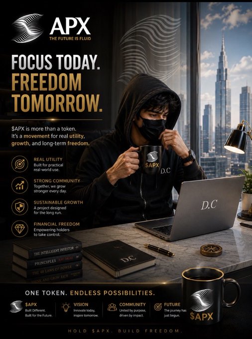 A promotional poster for the "$APX" cryptocurrency/token featuring a masked person in a hoodie drinking from a branded mug at a desk with a "D.C" laptop, advertising "FOCUS TODAY. FREEDOM TOMORROW." and highlighting real utility, strong community, sustainable growth, and financial freedom.