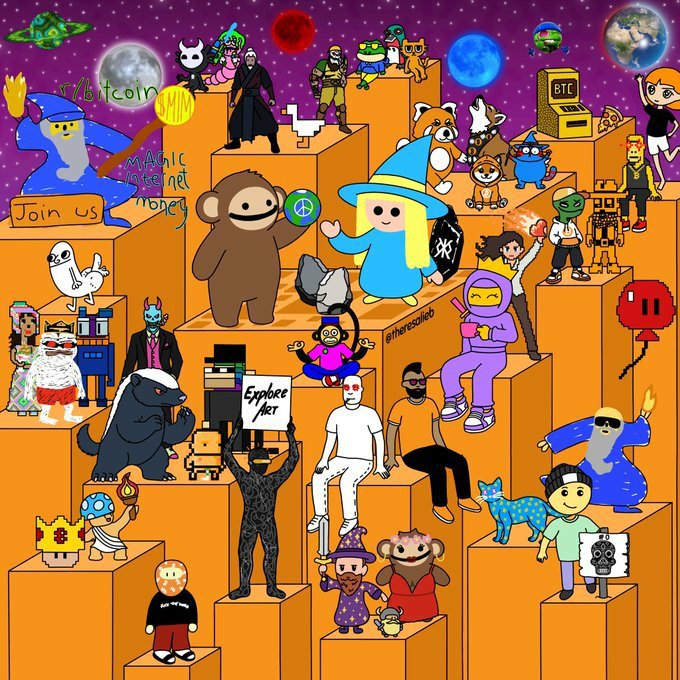 A vibrant collage of numerous cartoon characters, including wizards, monkeys, wizards, astronauts, and crypto-themed figures like cats and frogs, are arranged on orange block platforms against a purple cosmic backdrop. Visible text includes "r/bitcoin," "Join us," "Magic Internet Money," "BTC," "Expose /ART," and "@theresolilo," tying into the post's celebration of Bitcoin Runes and Ordinals. The eclectic, community-driven artwork visually reflects the diverse and creative spirit of the Bitcoin Ordinals and Runes ecosystems championed by the post.