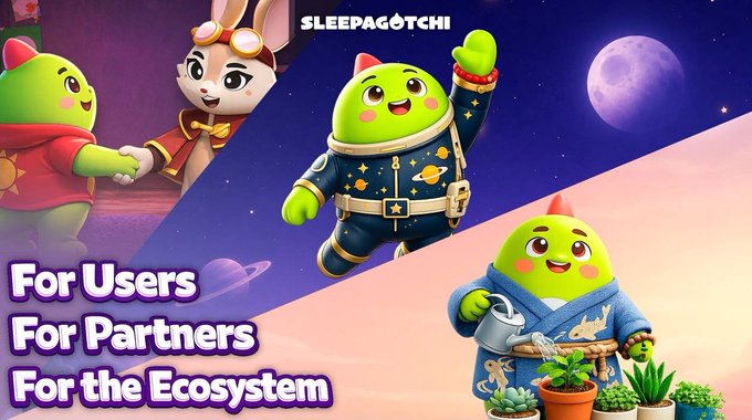 Sleepagotchi's promotional graphic features a green pear-like mascot dressed in various outfits—an astronaut suit, a traditional Japanese gardener robe, and casual attire—alongside a rabbit character, with the brand name "SLEEPAGOTCHI" displayed prominently. The tagline "For Users, For Partners, For the Ecosystem" reinforces the image's message of utility-driven engagement, directly illustrating the post's claim that the app transforms sleep data into active, meaningful actions rather than passive tracking.