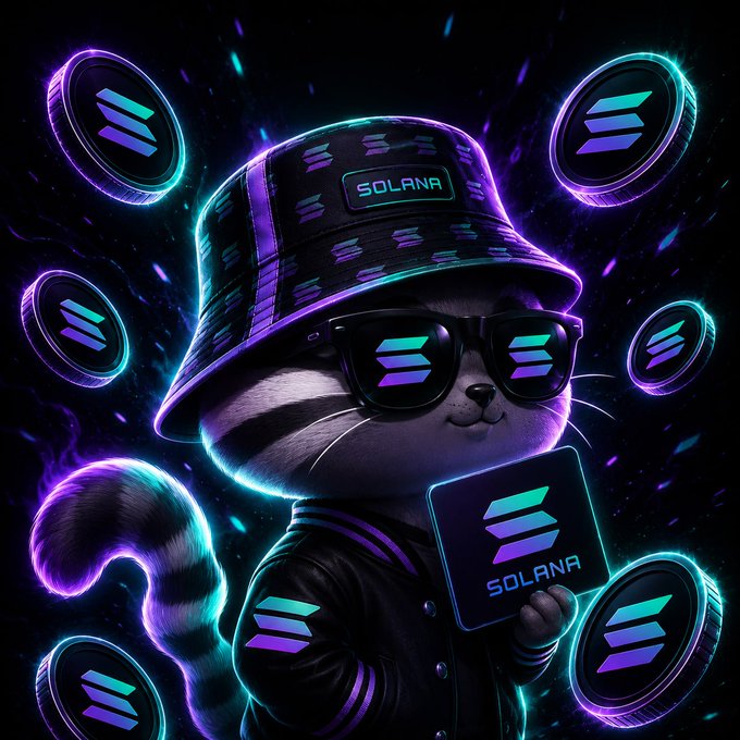 A neon-styled illustration of a raccoon wearing a bucket hat and sunglasses, surrounded by floating Solana logos and holding a Solana card.