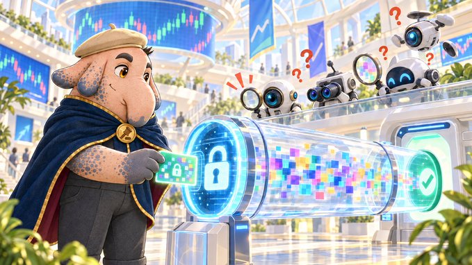 An animated illustration of a blue axolotl-like character wearing a beret and cape, holding a glowing green card next to a large cylindrical digital security lock, with curious robots observing from above.