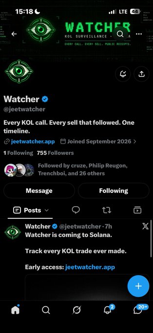 A mobile screenshot of an X (Twitter) profile for 'Watcher' (@jeetwatcher), describing it as a 'KOL SURVEILLANCE' tool with the bio 'Every KOL call. Every sell that followed. One timeline.'