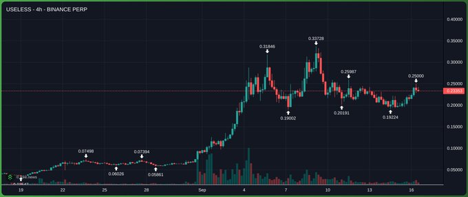 A 4-hour Binance perpetual futures chart for the USELESS token shows a significant rally from ~$0.06 in late August to a peak of $0.35236 in early September, with price currently consolidating around $0.25, illustrating the author's point about the coin's strong outperformance while the broader market was declining.