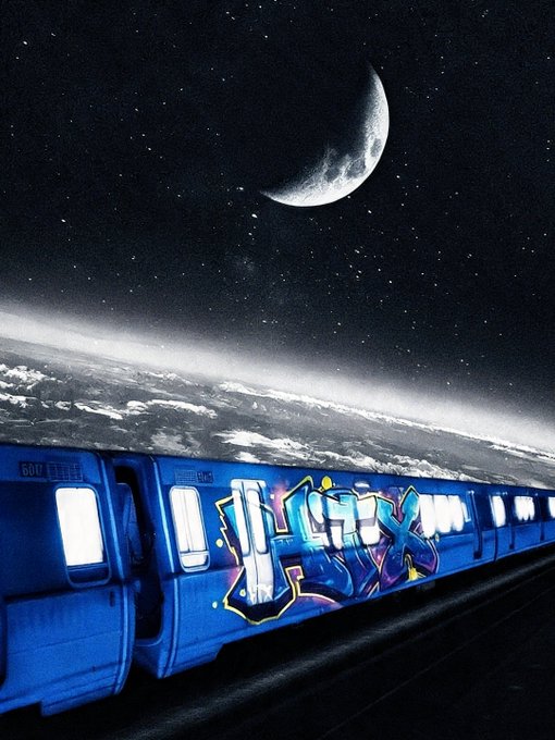 A digital artwork of a graffiti-covered blue train traveling through space above Earth beneath a crescent moon.