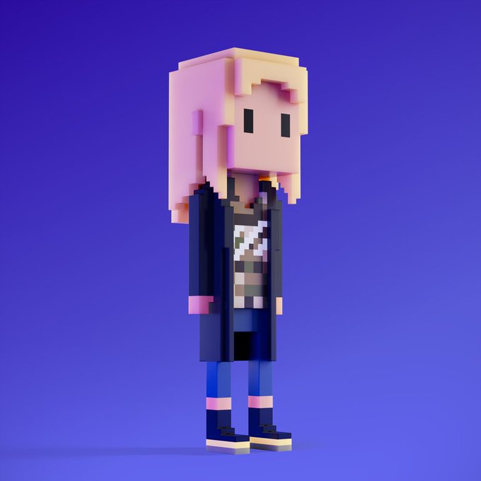A 3D pixelated/voxel-style character of a blonde-haired figure wearing a dark coat over a graphic t-shirt and blue jeans, standing against a solid blue background.