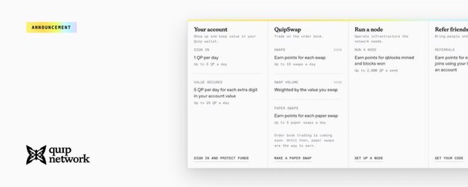 A Quip Network announcement showing options for 'Your account', 'QuipSwap', 'Run a node', and 'Refer friends'.