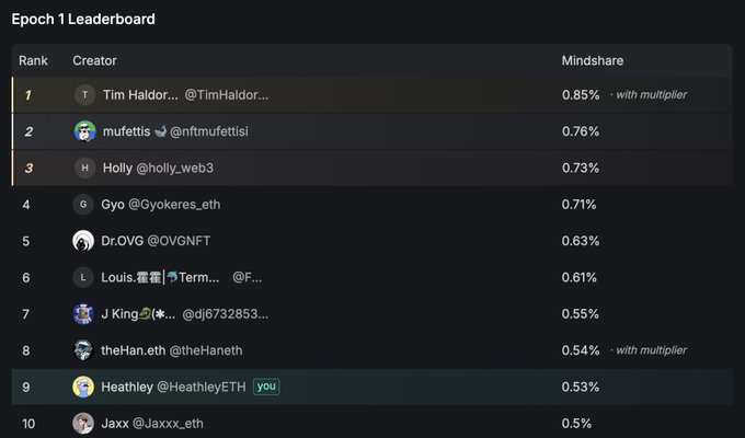 An 'Epoch 1 Leaderboard' ranking creators by percentage, with 'Tim Haldor...' at rank 1 with 0.85% mindshare.