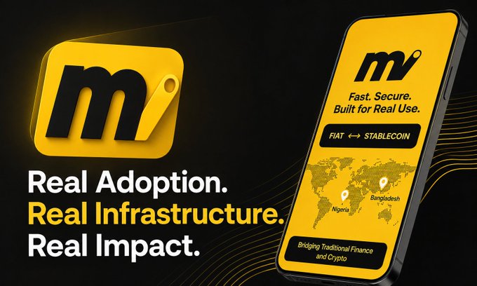 A promotional graphic for Moove (moovexyz) features a large yellow "M" logo alongside a smartphone displaying the app interface with the tagline "Fast. Secure. Built for Real Use." The phone screen shows a "FIAT ↔ STABLECOIN" conversion feature with a world map highlighting Nigeria and Bangladesh, while bold text reads "Real Adoption. Real Infrastructure. Real Impact."—directly reinforcing the post's message about Moove providing trustworthy, real-world crypto infrastructure that bridges traditional finance and digital assets.