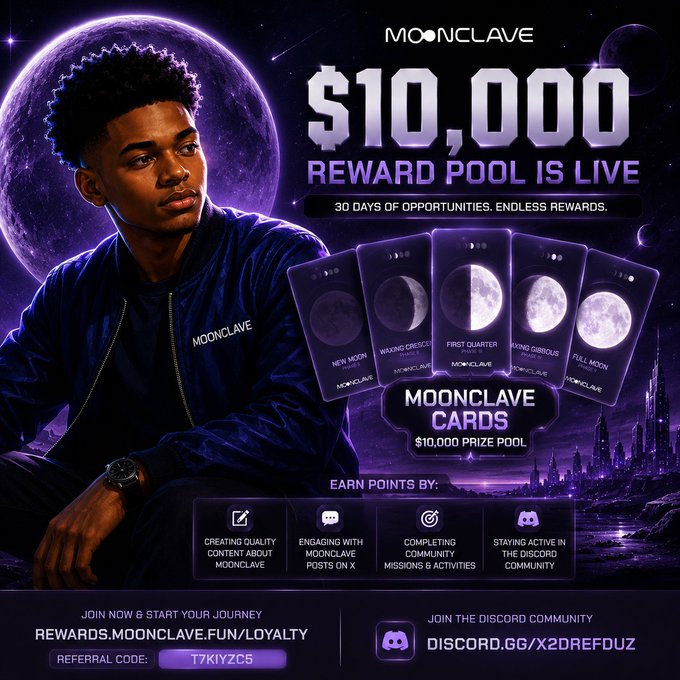 A purple-themed promotional poster for 'MOONCLAVE' advertising a '$10,000 REWARD POOL' with moon phase cards, a Discord link, and a referral code 'T7KIYGC5'.