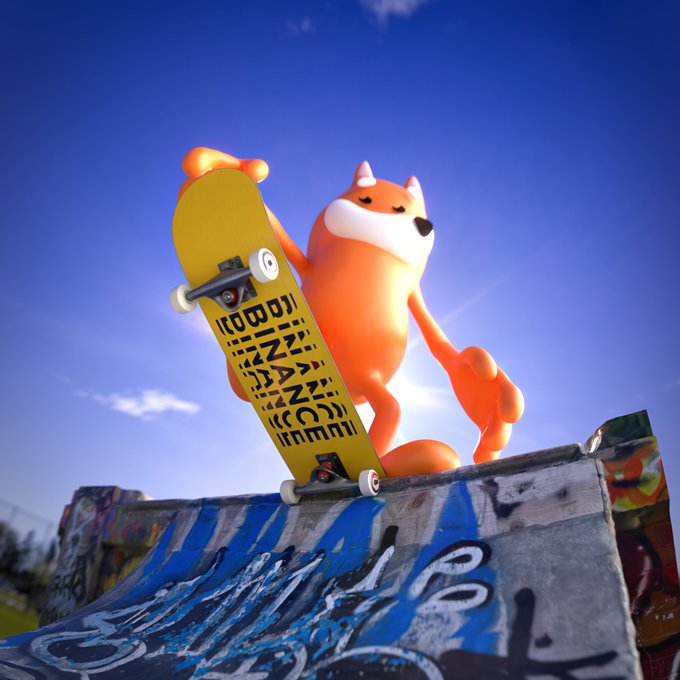 A 3D animated orange fox character doing a skateboard trick labeled "KIDS FINANCE" at a graffiti-covered skate ramp under a blue sky.