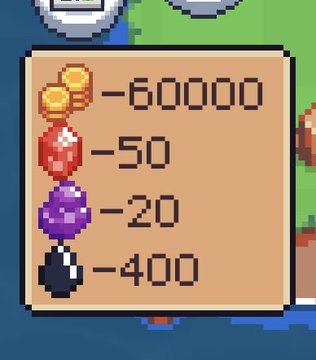 A pixel-art game interface displaying a shop menu with prices: gold coins -60000, red gem -50, purple gem -20, and black item -400.