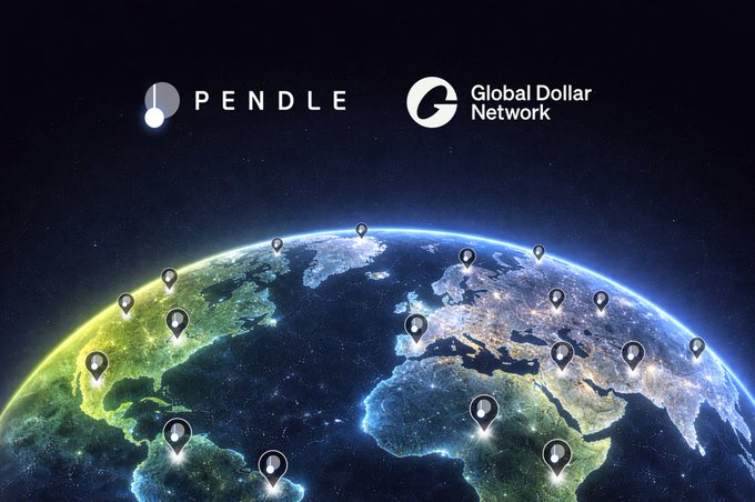 The image features a world map with various pins representing different countries, including the United States of America (USA), Europe, Asia, Africa, Australia, and Canada. The title "Global Dollar Global Network" is displayed at the top of the image, indicating that this is an advertisement for Pendle's new pool. The main focus of the post is on the new pool, which has been live since September. It offers stable U.S. Treasury-backed stablecoin wealth management and genuine U.S. Treasury incentives with real rewards. Additionally, it provides extra order placement rewards from Pendle and order placement rewards from the Global Dollar Network.