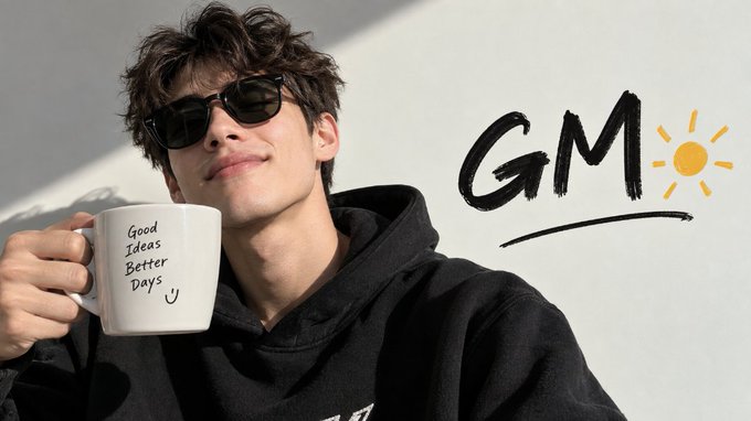 A young man wearing sunglasses and a black hoodie holds a white mug reading 'Good Ideas Better Days' alongside the hand-drawn text 'GM ☀️'.