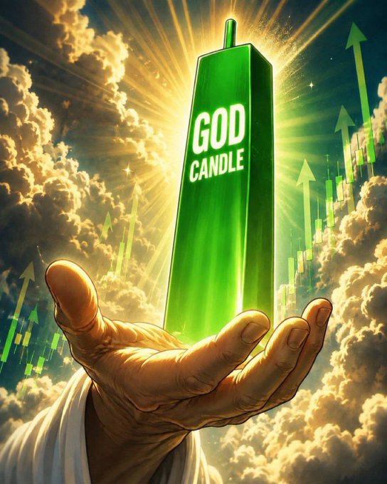 A divine hand holds up a green "GOD CANDLE" candle, symbolizing a potential 1000x gain for a memecoin, against a backdrop of ascending green stock charts and heavenly clouds. This visually represents the hope for exponential growth in the memecoin market, as suggested by the accompanying post.
