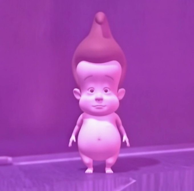A 3D animated character with a tall pointed purple hair tuft, standing against a purple background, resembling the style of Pixar animation.