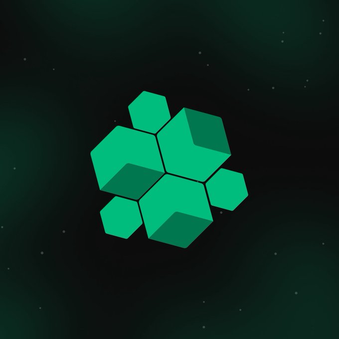 A digital illustration of interconnected green hexagons forming a 3D cube-like shape against a dark starry background.