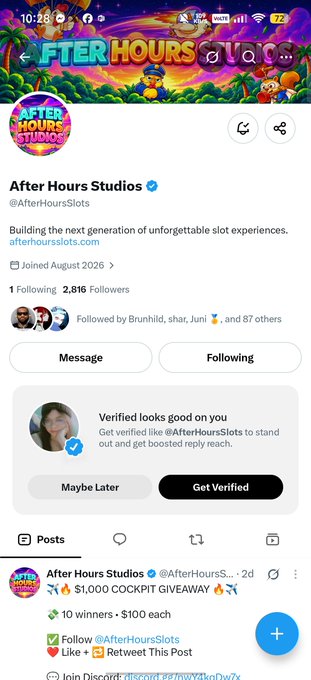 A Twitter/X profile screenshot of 'After Hours Studios' (@AfterHoursSlots), a company building slot experiences with 2,816 followers, showing a '$1,000 COCKPIT GIVEAWAY' post featuring characters from 'The Sims'.