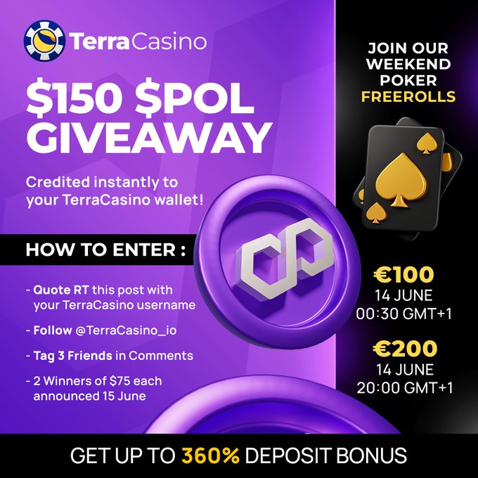The image features a purple circle with a gold spade inside of it, surrounded by three other circles, one of which has a gold spade as well. The text on the image reads "POL GIVEAWAY" followed by a list of rules for entering the giveaway. The text also includes a link to the TerraCasino website and a message about how to enter the contest.