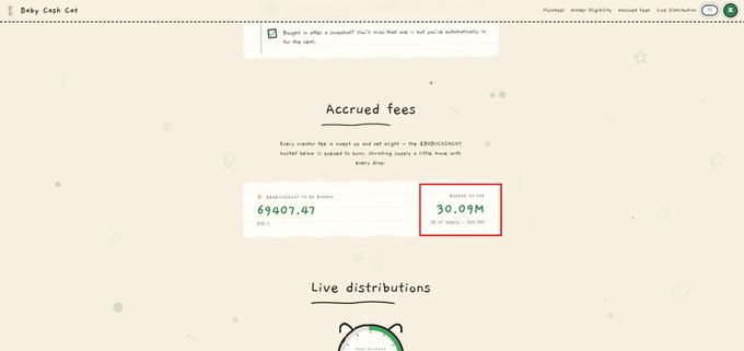 This image shows that 30.09M $BABYCASHCAT worth of $16.56K has been burned, as part of the accrued fees utility on the babycashcat.meme website.