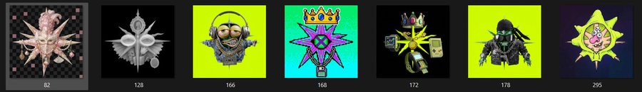 A row of six illustrated icons or stickers numbered 82, 128, 166, 168, 172, 178, and 295, featuring various designs including star shapes, a frog with headphones, crowns, and fantasy characters.