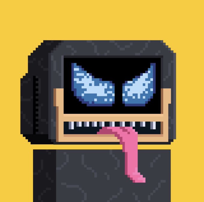 A pixel art illustration of a dark, robotic television-headed character with glowing blue eyes and a pink tongue hanging out, set against a yellow background. The quirky, glitchy aesthetic of the artwork aligns with the post's celebratory tone, likely depicting the digital art collectible received as an honorary from the artist @zecvisions.